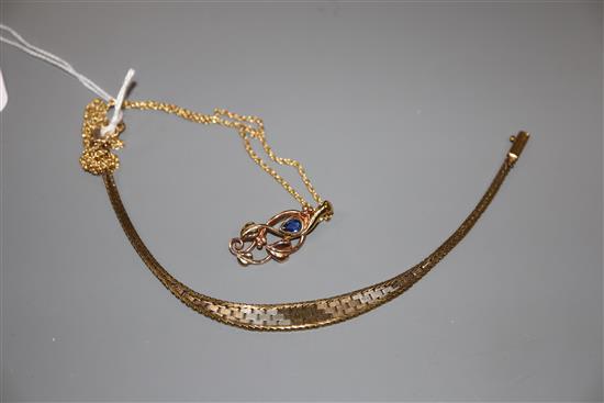 A 9ct three-colour gold bracelet and a 9ct two-colour gold and sapphire pendant, gross 14.2 grams.